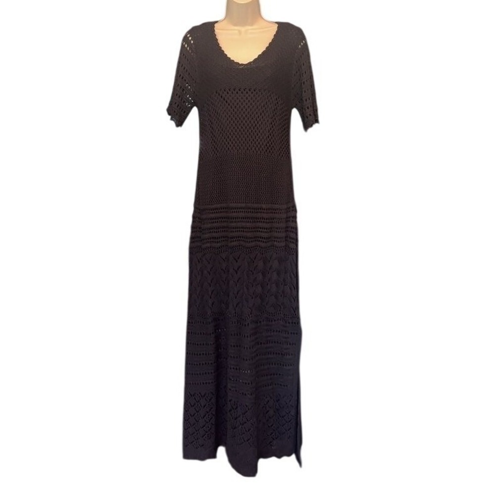 Black Crochet Knit Maxi Dress Short Sleeve Scoop Neck Boho Side Slit Size M